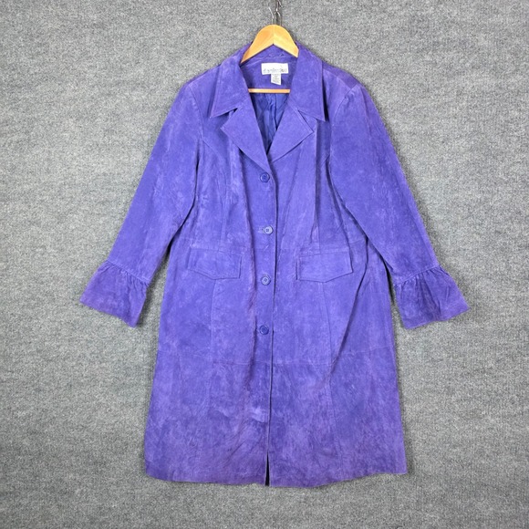 Denim 24/7 Jackets & Blazers - Vintage Denim 24/7 Purple Suede Leather Trench Coat Plus Size 18 Ruffle Retro